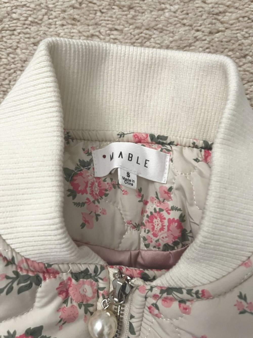 Mable Mallory Oversized Floral Bomber Jacket SMALL Cream Pink Anthropologie - Picture 7 of 13